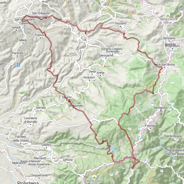 Miniatura della mappa di ispirazione al ciclismo "Tour in bicicletta da San Gregorio d'Ippona a Dinami e ritorno" nella regione di Calabria, Italy. Generata da Tarmacs.app, pianificatore di rotte ciclistiche