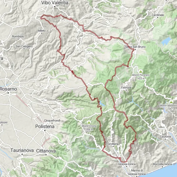 Miniatura della mappa di ispirazione al ciclismo "Il Giro di Monte Crocco" nella regione di Calabria, Italy. Generata da Tarmacs.app, pianificatore di rotte ciclistiche