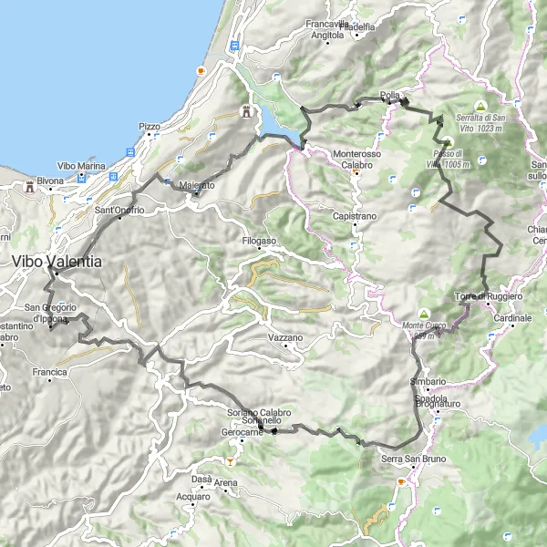 Map miniature of "San Gregorio d'Ippona Circular Road Cycling Route" cycling inspiration in Calabria, Italy. Generated by Tarmacs.app cycling route planner