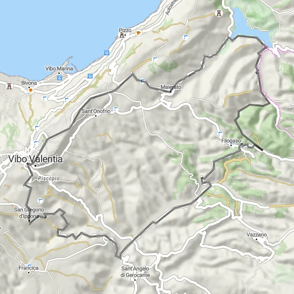 Map miniature of "Vibo Valentia Loop Road Cycling Route" cycling inspiration in Calabria, Italy. Generated by Tarmacs.app cycling route planner