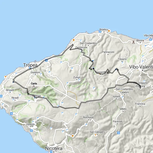 Map miniature of "Coastal Views and Mountain Climbs" cycling inspiration in Calabria, Italy. Generated by Tarmacs.app cycling route planner