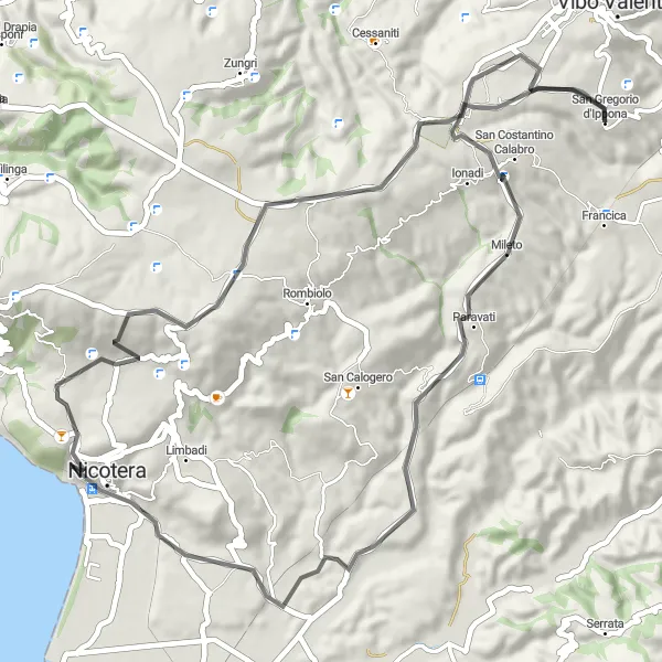 Miniatura della mappa di ispirazione al ciclismo "Giro ciclistico verso Mileto e Castello Ruffo" nella regione di Calabria, Italy. Generata da Tarmacs.app, pianificatore di rotte ciclistiche