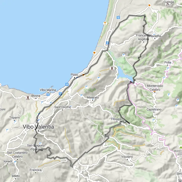 Map miniature of "From the Coast to the Mountains" cycling inspiration in Calabria, Italy. Generated by Tarmacs.app cycling route planner