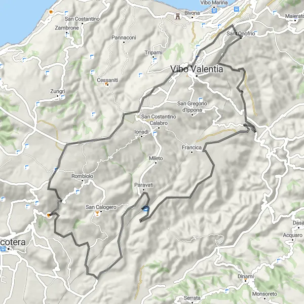 Miniatura della mappa di ispirazione al ciclismo "Tour in bicicletta verso Paravati e Vibo Valentia" nella regione di Calabria, Italy. Generata da Tarmacs.app, pianificatore di rotte ciclistiche