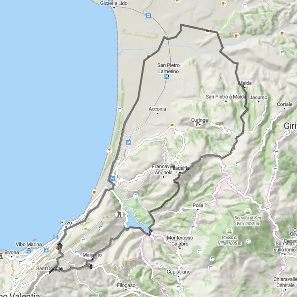 Miniatura della mappa di ispirazione al ciclismo "Tour ciclistico verso Pizzo e Maida" nella regione di Calabria, Italy. Generata da Tarmacs.app, pianificatore di rotte ciclistiche
