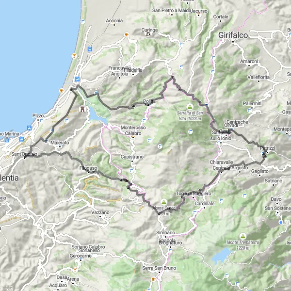 Miniatura della mappa di ispirazione al ciclismo "Giro in bicicletta verso Serralta di San Vito" nella regione di Calabria, Italy. Generata da Tarmacs.app, pianificatore di rotte ciclistiche