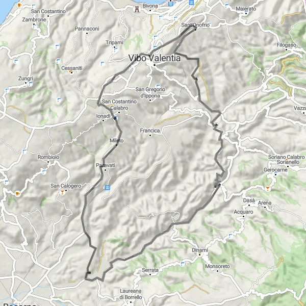 Miniatura della mappa di ispirazione al ciclismo "Giro panoramico verso Paravati e Vibo Valentia" nella regione di Calabria, Italy. Generata da Tarmacs.app, pianificatore di rotte ciclistiche