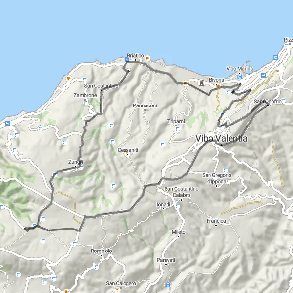 Miniatura della mappa di ispirazione al ciclismo "Escursione ciclistica tra Zungri e Bivona" nella regione di Calabria, Italy. Generata da Tarmacs.app, pianificatore di rotte ciclistiche
