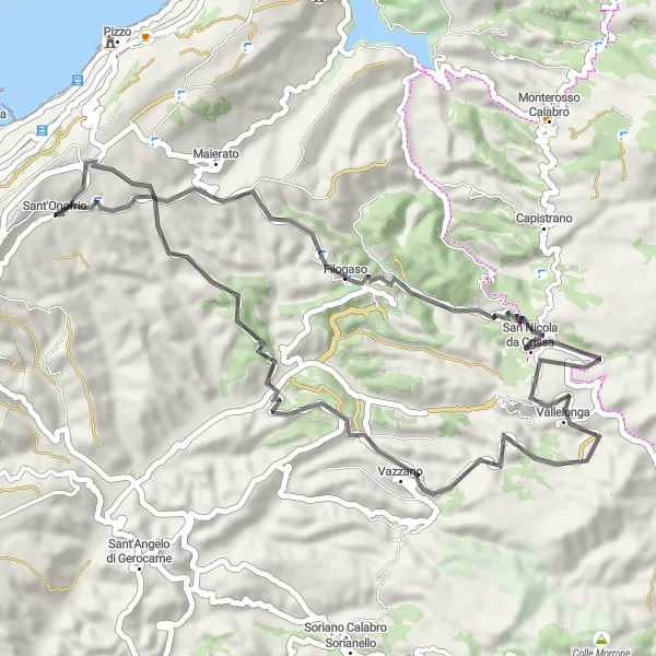 Miniatura della mappa di ispirazione al ciclismo "Tour in bicicletta verso Filogaso e San Nicola da Crissa" nella regione di Calabria, Italy. Generata da Tarmacs.app, pianificatore di rotte ciclistiche