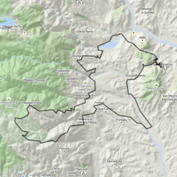 Map miniature of "Santa Severina - Hill Climbs and Mountain Villages" cycling inspiration in Calabria, Italy. Generated by Tarmacs.app cycling route planner