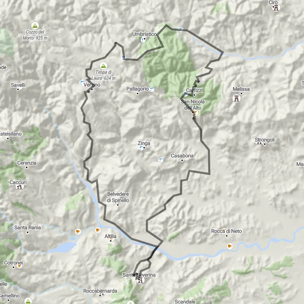 Map miniature of "Santa Severina - Verzino Loop" cycling inspiration in Calabria, Italy. Generated by Tarmacs.app cycling route planner