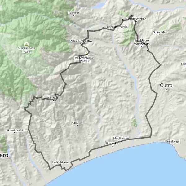Map miniature of "Santa Severina - Coastal Expedition" cycling inspiration in Calabria, Italy. Generated by Tarmacs.app cycling route planner
