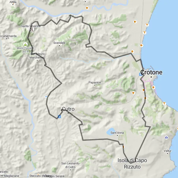 Map miniature of "Santa Severina - Coastal Delights" cycling inspiration in Calabria, Italy. Generated by Tarmacs.app cycling route planner