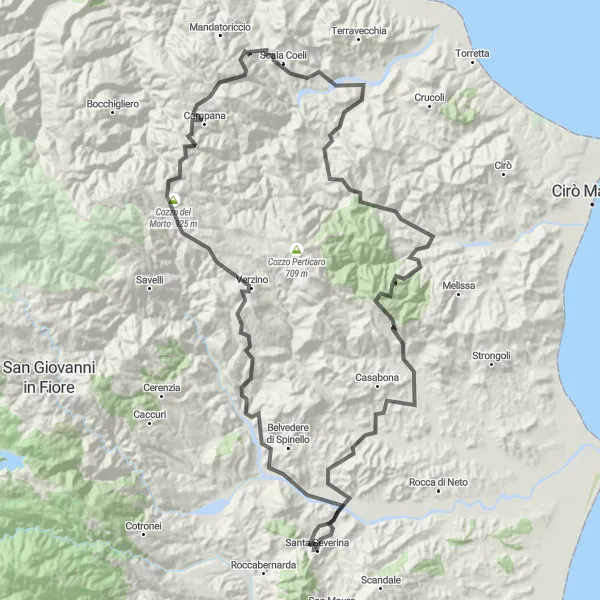 Map miniature of "Verzino and San Nicola dell'Alto Circuit" cycling inspiration in Calabria, Italy. Generated by Tarmacs.app cycling route planner