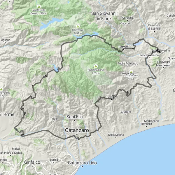 Map miniature of "Explore the Countryside of Calabria" cycling inspiration in Calabria, Italy. Generated by Tarmacs.app cycling route planner