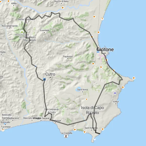 Map miniature of "Crotone and Isola di Capo Rizzuto Loop" cycling inspiration in Calabria, Italy. Generated by Tarmacs.app cycling route planner