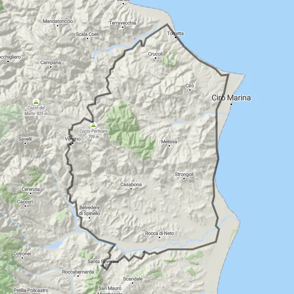 Map miniature of "Coastal Escape" cycling inspiration in Calabria, Italy. Generated by Tarmacs.app cycling route planner