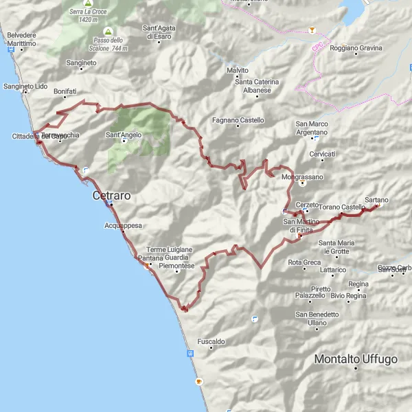 Miniatura della mappa di ispirazione al ciclismo "Avventura Gravel a Cetraro" nella regione di Calabria, Italy. Generata da Tarmacs.app, pianificatore di rotte ciclistiche