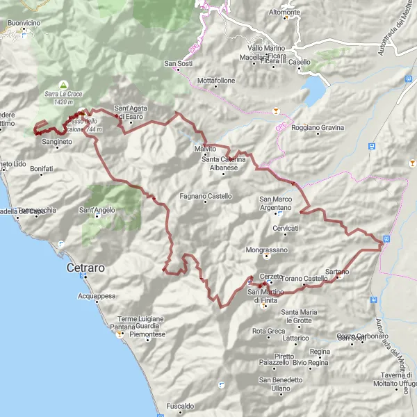 Miniatura della mappa di ispirazione al ciclismo "Tour in Gravel attraverso Torano Castello e Monte Caloria" nella regione di Calabria, Italy. Generata da Tarmacs.app, pianificatore di rotte ciclistiche