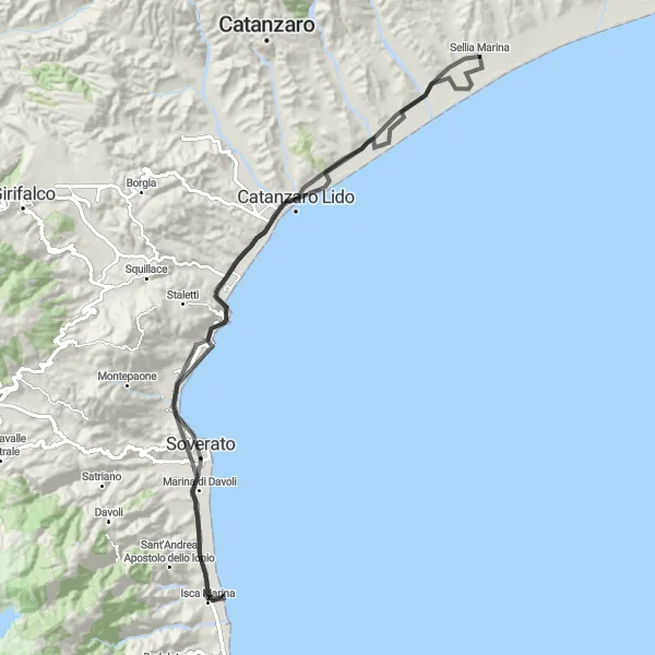 Map miniature of "Coastal Route to Scolacium" cycling inspiration in Calabria, Italy. Generated by Tarmacs.app cycling route planner