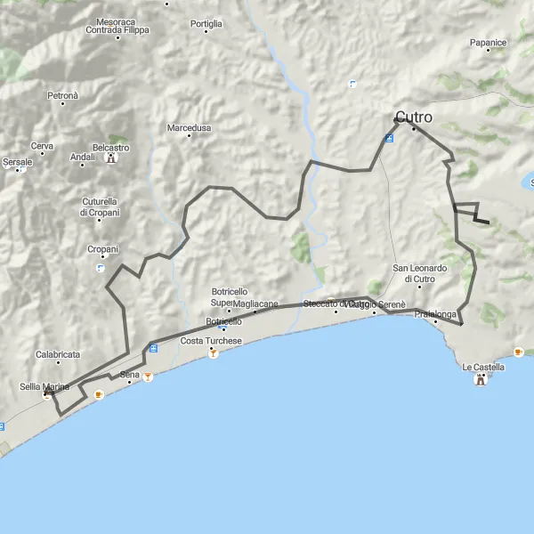 Map miniature of "Cutro and Cropani Marina Loop" cycling inspiration in Calabria, Italy. Generated by Tarmacs.app cycling route planner