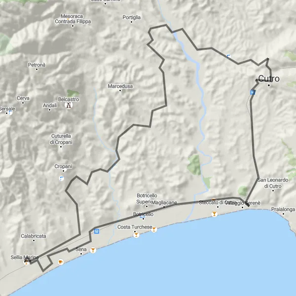 Map miniature of "Coastal Escape" cycling inspiration in Calabria, Italy. Generated by Tarmacs.app cycling route planner