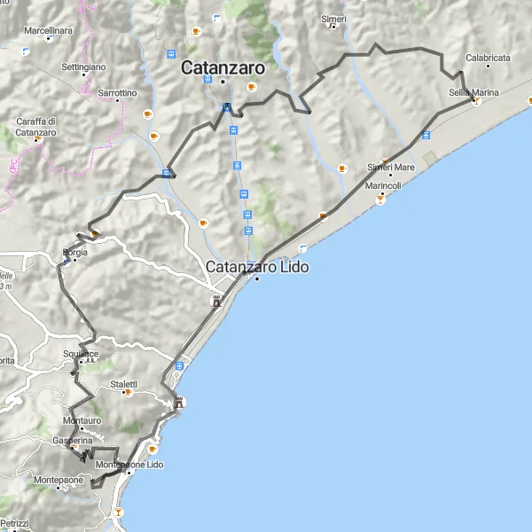 Map miniature of "Parco Archeologico di Scolacium and Montauro Loop" cycling inspiration in Calabria, Italy. Generated by Tarmacs.app cycling route planner