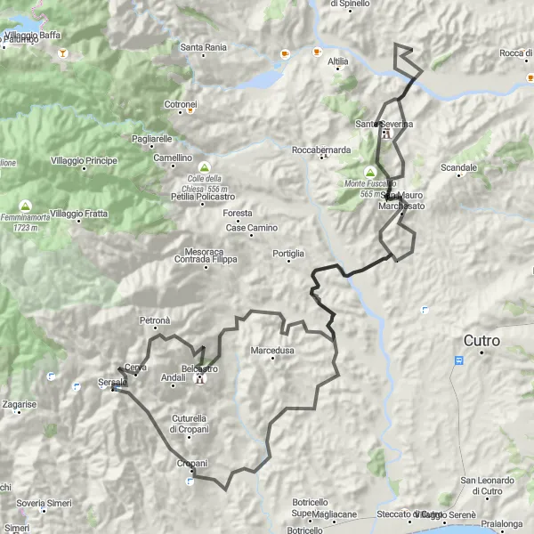 Miniatura della mappa di ispirazione al ciclismo "Cicloturismo tra Santa Severina e Sersale" nella regione di Calabria, Italy. Generata da Tarmacs.app, pianificatore di rotte ciclistiche