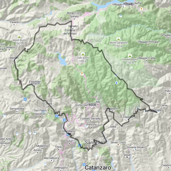 Map miniature of "The Challenging Mountain Passes of Calabria" cycling inspiration in Calabria, Italy. Generated by Tarmacs.app cycling route planner