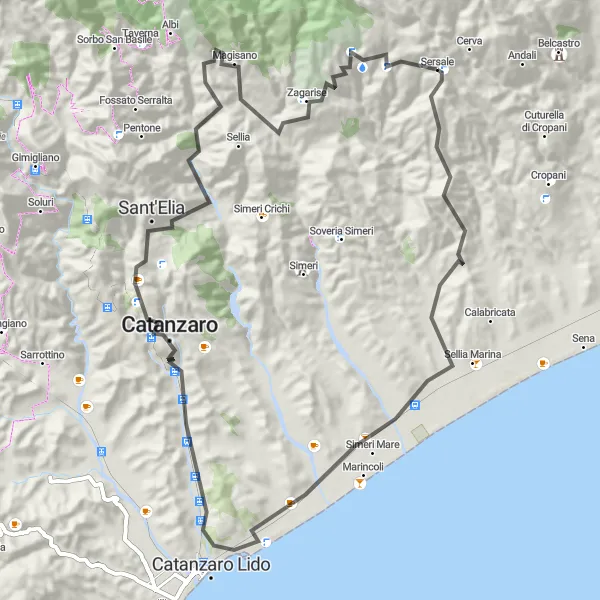 Map miniature of "Coastal Beauty of Catanzaro Lido" cycling inspiration in Calabria, Italy. Generated by Tarmacs.app cycling route planner