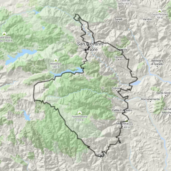 Miniatura della mappa di ispirazione al ciclismo "Giro ciclistico da Tirivolo a Sersale" nella regione di Calabria, Italy. Generata da Tarmacs.app, pianificatore di rotte ciclistiche