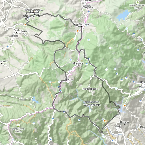 Miniatura della mappa di ispirazione al ciclismo "Giro in bicicletta verso Serra San Bruno" nella regione di Calabria, Italy. Generata da Tarmacs.app, pianificatore di rotte ciclistiche
