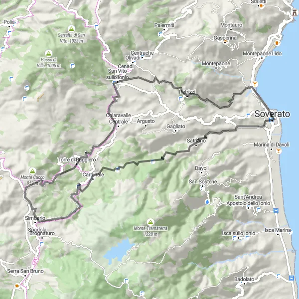 Miniatura della mappa di ispirazione al ciclismo "Avventura ciclistica tra Satriano e Soverato" nella regione di Calabria, Italy. Generata da Tarmacs.app, pianificatore di rotte ciclistiche