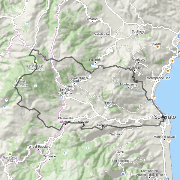 Map miniature of "The Coastal Ride" cycling inspiration in Calabria, Italy. Generated by Tarmacs.app cycling route planner