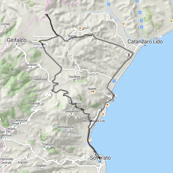 Map miniature of "The Countryside Escape" cycling inspiration in Calabria, Italy. Generated by Tarmacs.app cycling route planner