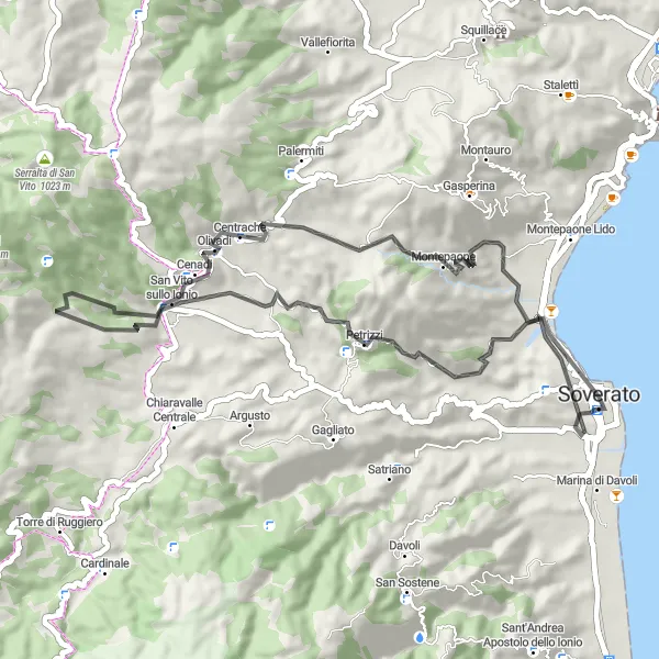 Map miniature of "The Hilltop Adventure" cycling inspiration in Calabria, Italy. Generated by Tarmacs.app cycling route planner