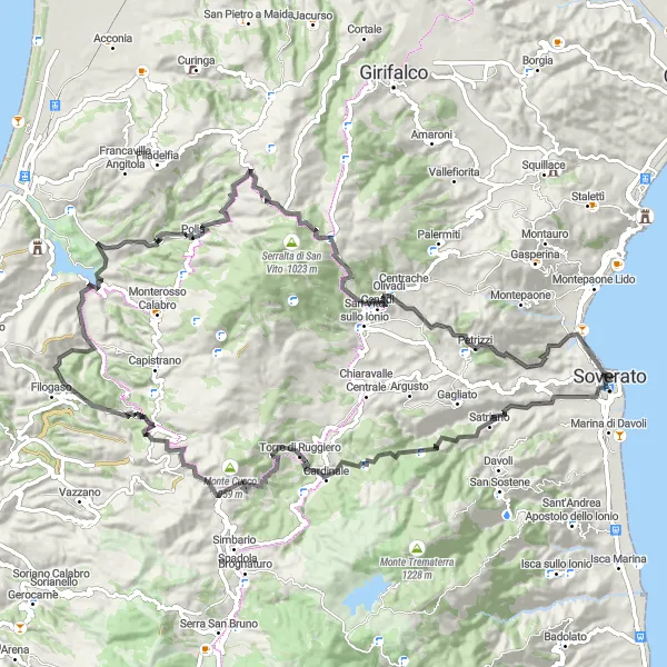 Map miniature of "The Mountain Thrill" cycling inspiration in Calabria, Italy. Generated by Tarmacs.app cycling route planner
