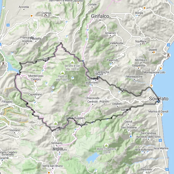 Map miniature of "Idyllic Pathways" cycling inspiration in Calabria, Italy. Generated by Tarmacs.app cycling route planner