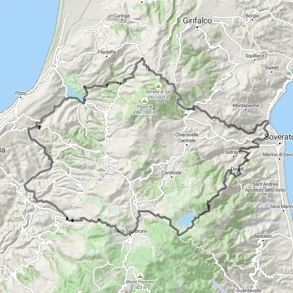 Miniatura della mappa di ispirazione al ciclismo "Sfida ciclistica a Monte Trematerra" nella regione di Calabria, Italy. Generata da Tarmacs.app, pianificatore di rotte ciclistiche