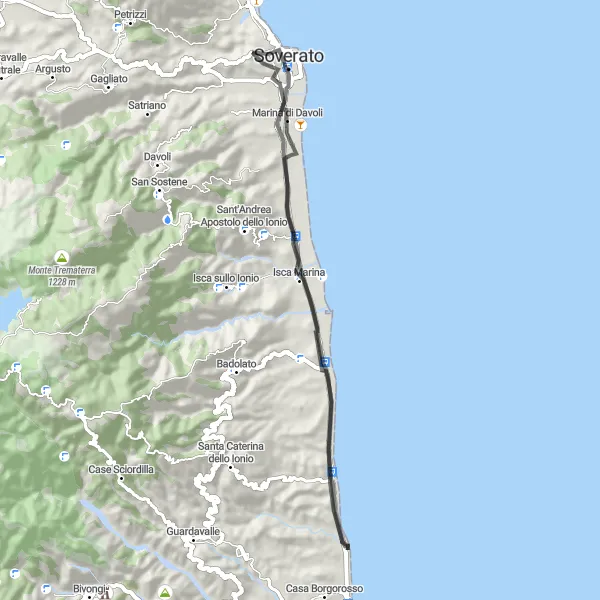 Miniatura della mappa di ispirazione al ciclismo "Giro in bicicletta verso Torre Sant'Antonio" nella regione di Calabria, Italy. Generata da Tarmacs.app, pianificatore di rotte ciclistiche