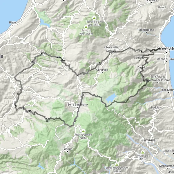 Miniatura della mappa di ispirazione al ciclismo "Scoperta in bicicletta di Soverato Superiore" nella regione di Calabria, Italy. Generata da Tarmacs.app, pianificatore di rotte ciclistiche