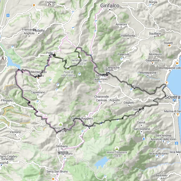 Map miniature of "The Valleys and Peaks Circuit" cycling inspiration in Calabria, Italy. Generated by Tarmacs.app cycling route planner