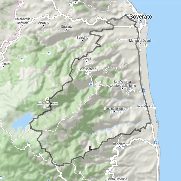 Miniatura della mappa di ispirazione al ciclismo "Giro in bici da Soverato Superiore a Isca Marina" nella regione di Calabria, Italy. Generata da Tarmacs.app, pianificatore di rotte ciclistiche