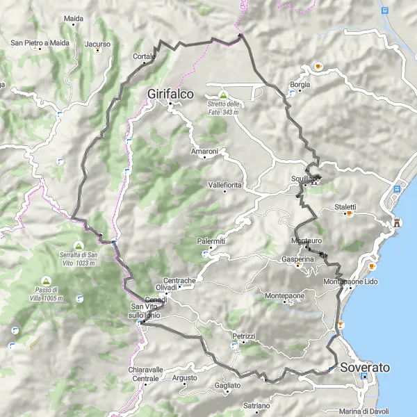 Map miniature of "Serene Landscapes and Historic Castles" cycling inspiration in Calabria, Italy. Generated by Tarmacs.app cycling route planner