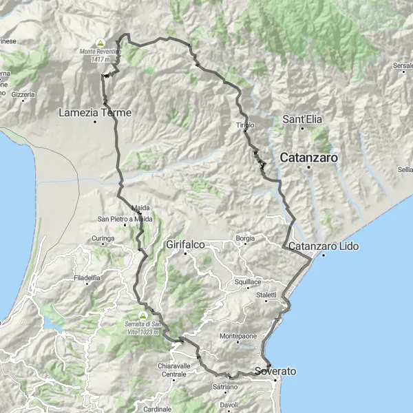 Map miniature of "Conquering the Peaks and Exploring Ancient Ruins" cycling inspiration in Calabria, Italy. Generated by Tarmacs.app cycling route planner