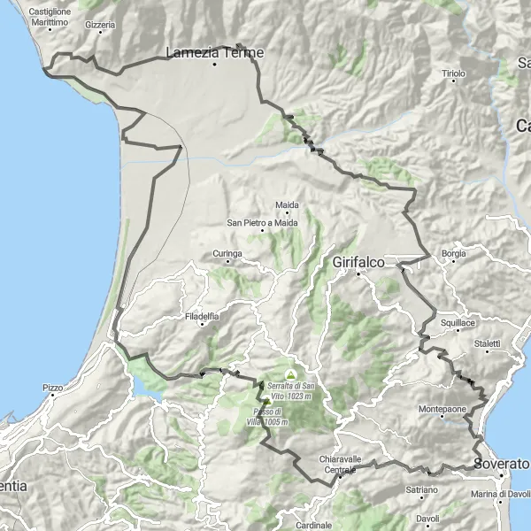 Miniatura della mappa di ispirazione al ciclismo "Tour ciclistico da Chiaravalle Centrale a Montauro" nella regione di Calabria, Italy. Generata da Tarmacs.app, pianificatore di rotte ciclistiche