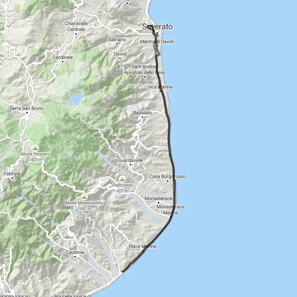 Miniatura della mappa di ispirazione al ciclismo "Giro in bicicletta da Soverato Superiore a Marina di Davoli" nella regione di Calabria, Italy. Generata da Tarmacs.app, pianificatore di rotte ciclistiche