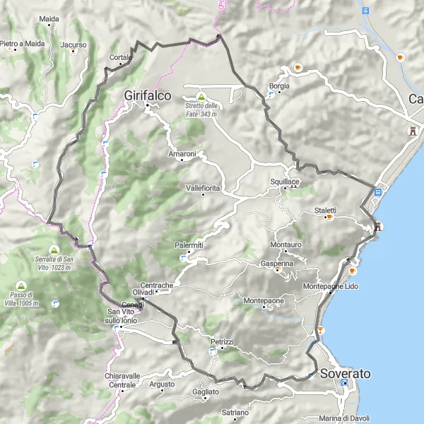 Miniatura della mappa di ispirazione al ciclismo "In sella da Soverato Superiore a Caminia" nella regione di Calabria, Italy. Generata da Tarmacs.app, pianificatore di rotte ciclistiche