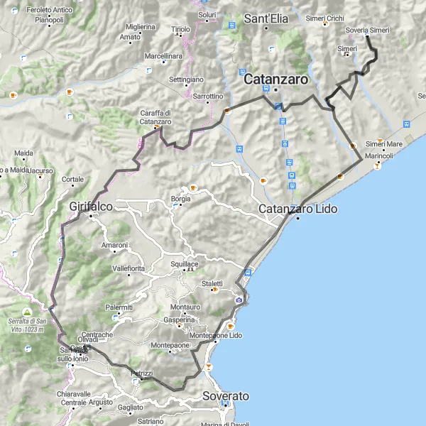 Miniatura della mappa di ispirazione al ciclismo "Esplorazione di Copanello in bicicletta" nella regione di Calabria, Italy. Generata da Tarmacs.app, pianificatore di rotte ciclistiche
