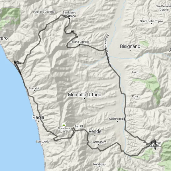 Map miniature of "Cosenza Loop" cycling inspiration in Calabria, Italy. Generated by Tarmacs.app cycling route planner